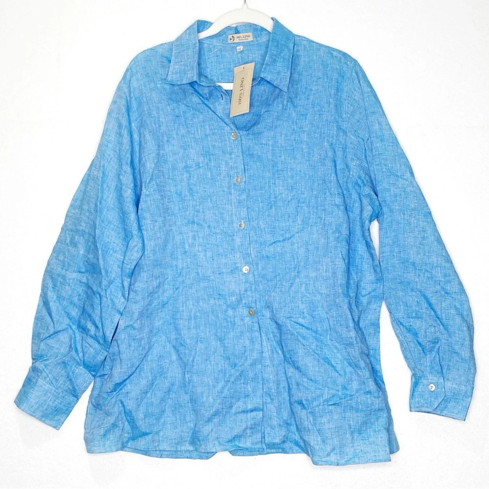 Made in Italy Maldive Blue Linen Button Down Top Size 3X Abalone Shell Buttons